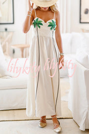 Coconut Tree Print Suspender Backless Large Hem Maxi Dress