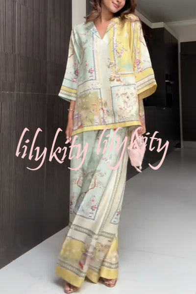 Elonie Satin Floral Print V-neck Half Sleeve Top and Elastic Waist Wide Leg Pants Set