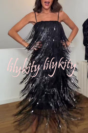 Chic Celebration Layered Sequined Tassels Slip Strapless H-line Midi Dress