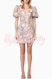 Garden Gala Embroidered Floral Applique Puff Sleeve Mini Dress