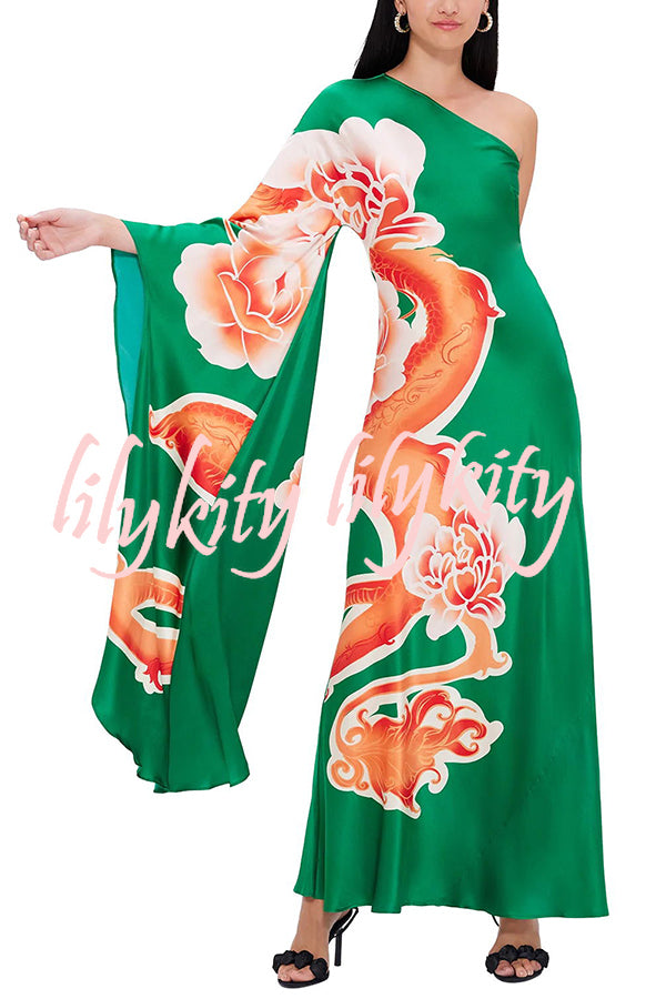 Elegance and Grace Satin Dragon Print One Shoulder Drape Sleeve Maxi Dress