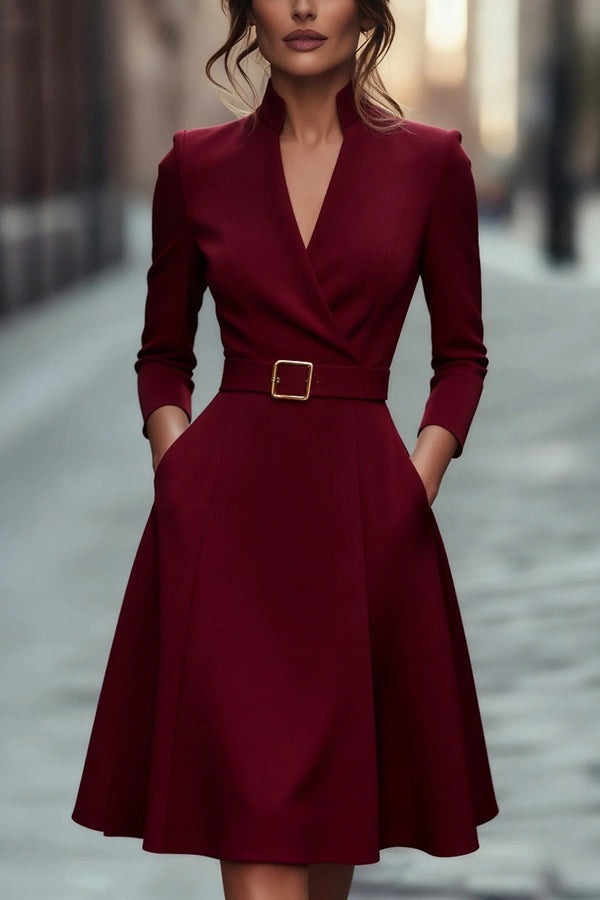 Solid Color V-neck Fitted Waist Long Sleeve Elegant Midi Dress