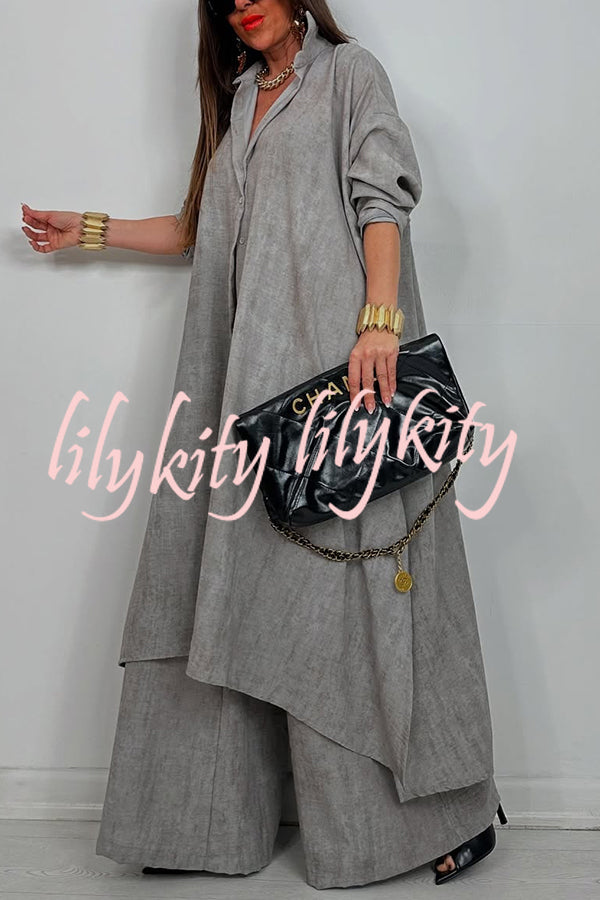 Solid Color Casual Loose Long Shirt and Elastic Waist Pocket Wide Leg Pants Set