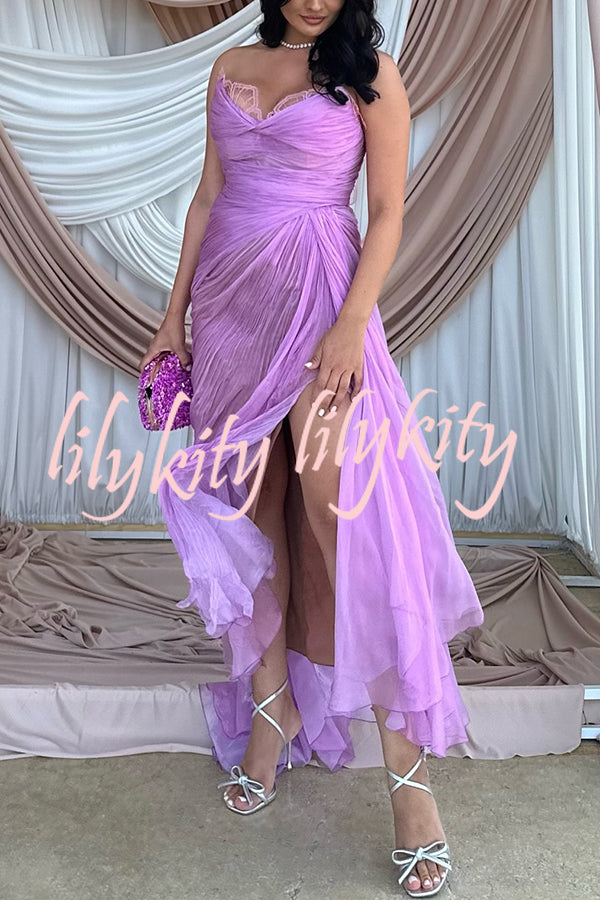 Julie Tulle Lace Trim Off Shoulder Ruched Back Lace-up Drape Slit Maxi Dress