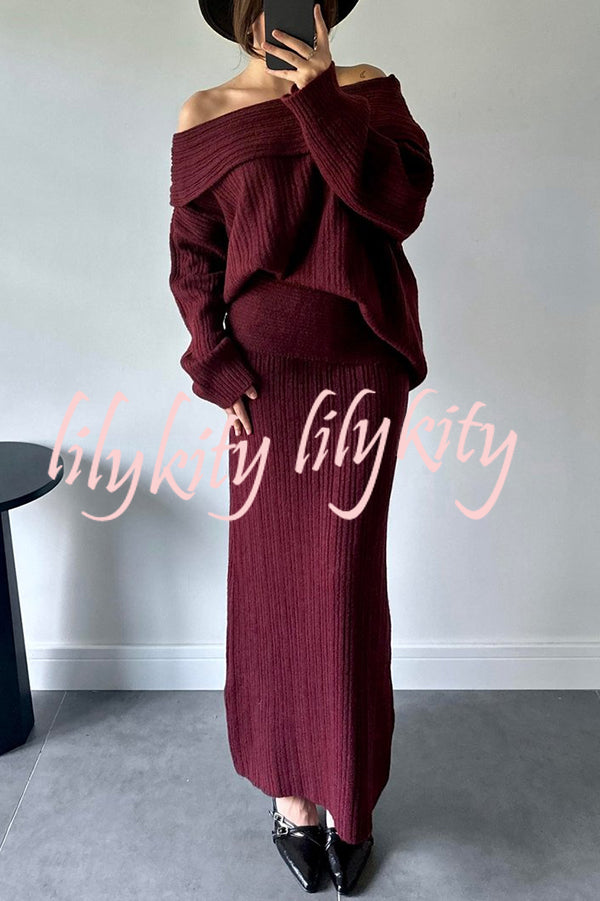 Luka Ribbed Knit Off Shoulder Long Sleeve Sweater and Stretch Maxi Skirt Set