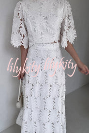 Elegant Embroidered Hollow Flowers Bell Sleeve Top and Full Hem Maxi Skirt Set