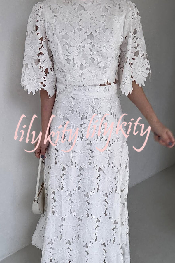 Elegant Embroidered Hollow Flowers Bell Sleeve Top and Full Hem Maxi Skirt Set