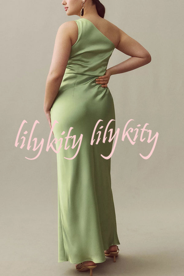 Wedding  Guest Satin Floral Print One Shoulder Side Slit Maxi Dress