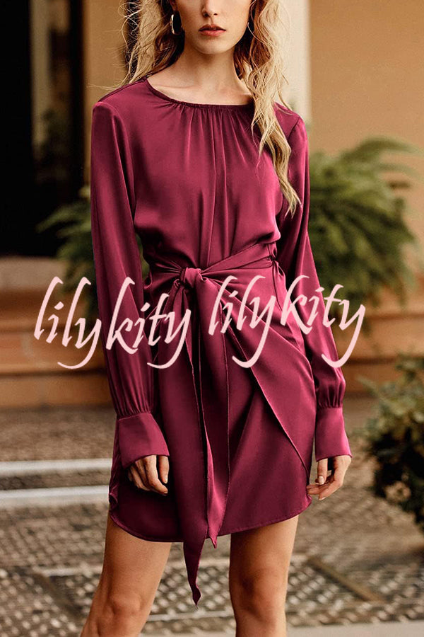 Satin Round Neck Long Sleeve Elastic Tie Mini Dress