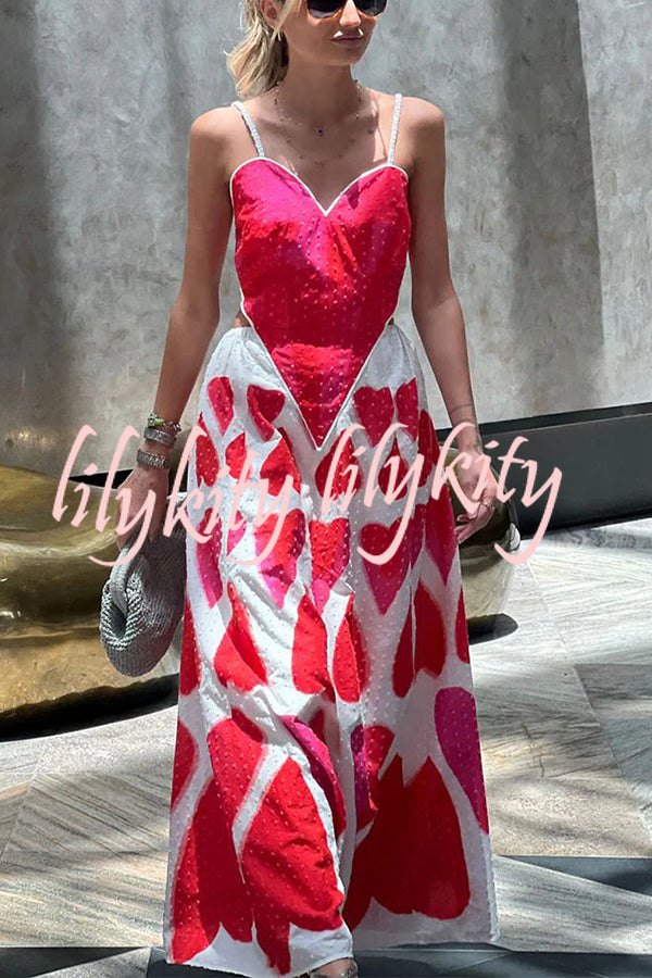 Full of Love Heart Shape Print Cutout Spaghetti Strap Backless Maxi Dress