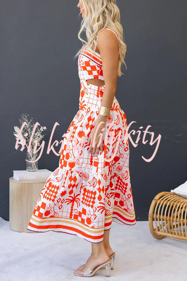 Unique Print Waist Cutout Back Gathered Suspender Maxi Dress