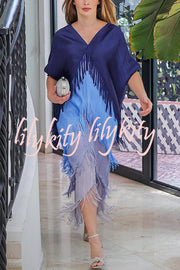 Fashionable Color-blocked Multi-layered Tassel Loose Midi Dress