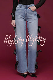 Runway Muse Denim High Rise Bow Trim Pocketed Wide Leg Jeans
