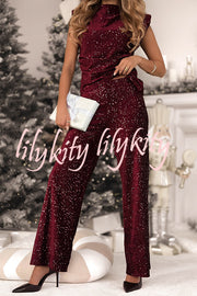 Stylish Sparkly Velvet Sequin Sleeveless Pleated Top and Casual Wide-leg Pants Set