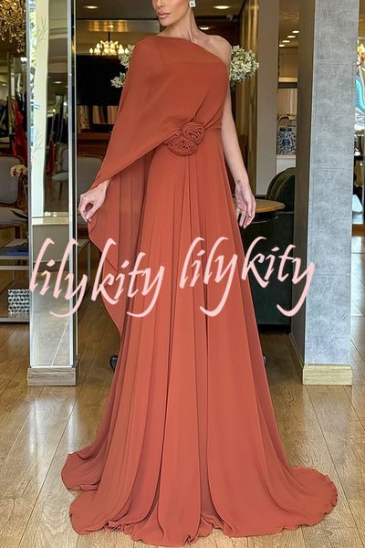 Iriena Chiffon One Shoulder Rose Decoration Waist Formal Maxi Dress