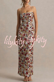 The Center of Attention Floral Print Sequin Square Neck Slip Stretch Maxi Dress