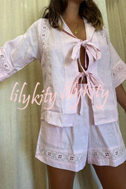 Celebrate Vacation Linen Blend Lace Splicing Tie-up Shirt and Elastic Waist Pocketed Shorts Set