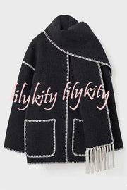 Stylish Loose Pocket Long Sleeve Coat and Warm Fringed Scarf