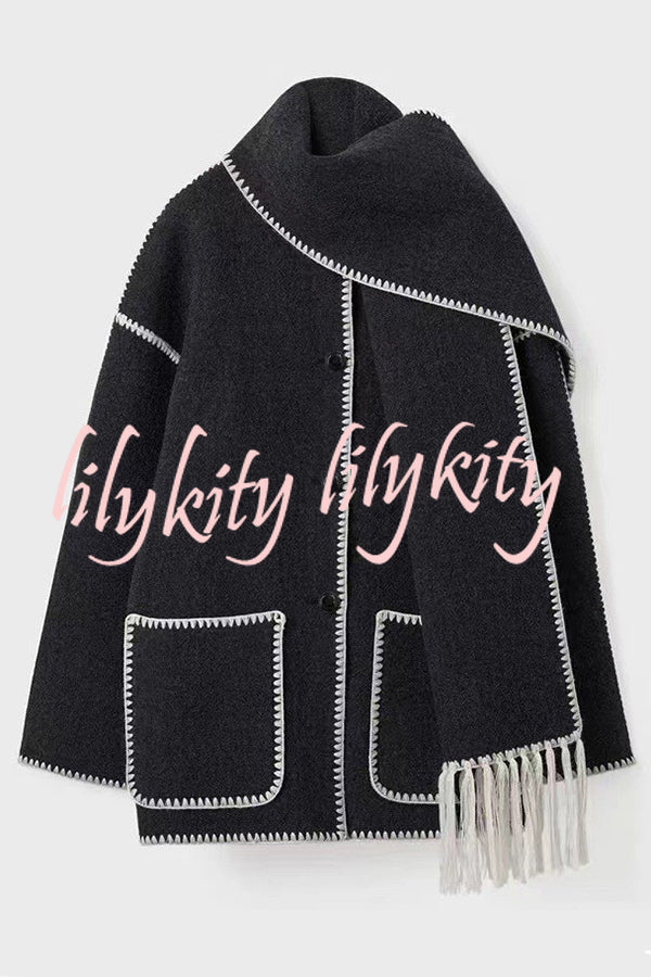 Stylish Loose Pocket Long Sleeve Coat and Warm Fringed Scarf