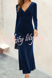 Solid Color Velvet Long Sleeve V-neck Slim Fit Fishtail Maxi Dress