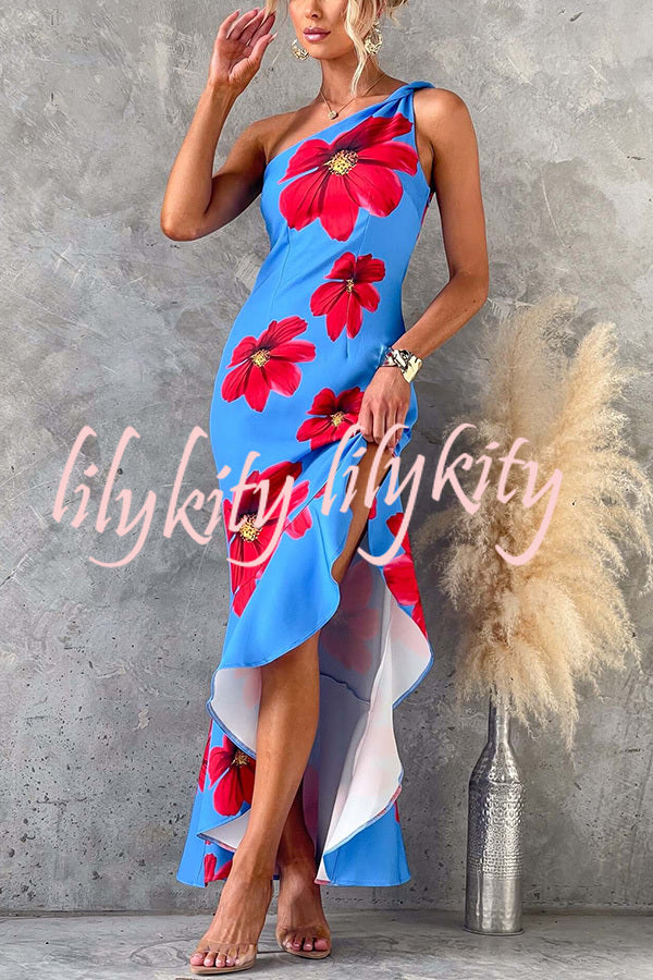 Stunning Muse Floral Print One Shoulder Irregular Ruffles Slit Maxi Dress