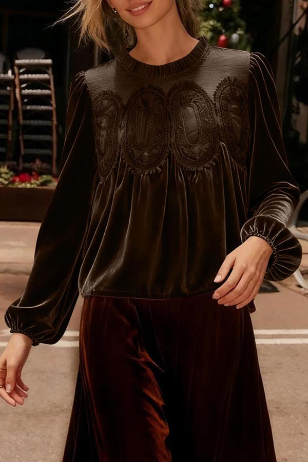 Fashionable Velvet and Lace Patchwork Loose Long-sleeved Top