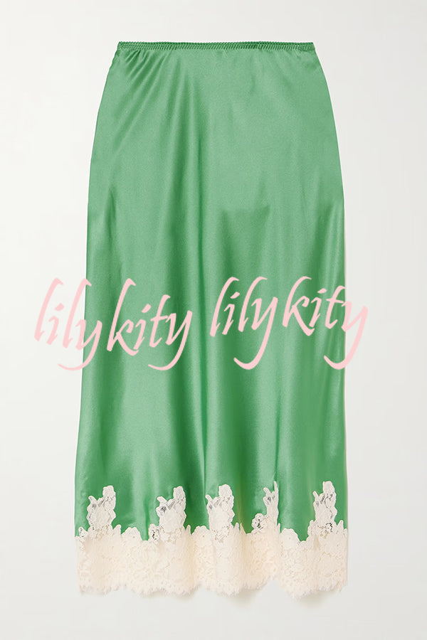Celebration Look Contrast Color Satin Lace Trim Elastic Waist Drape Midi Skirt