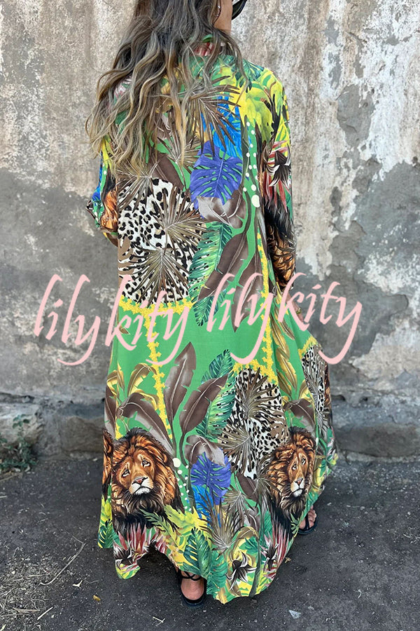 Jungle Miracle Animal Unique Print Button Long Sleeve Midi Relaxed Blouse