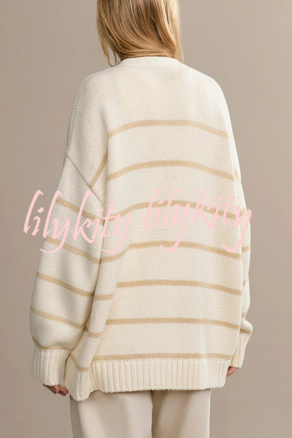 Striped Loose V-neck Long-sleeved Casual Knit Cardigan