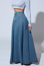 Fashion Metal Single-Breasted Casual Denim Maxi Skirt