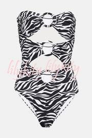 Marsie Zebra-print Ring Cutout Details Off Shoulder Stretch One-Piece Swimsuit