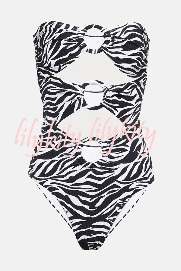 Marsie Zebra-print Ring Cutout Details Off Shoulder Stretch One-Piece Swimsuit