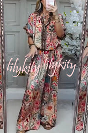 Unique Printed Loose Short-sleeved Top and Elastic Waist Casual Wide-leg Pants Set