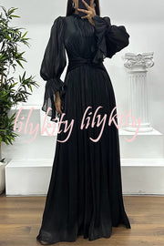 Ellah Shiny Fabric Chinese Stand Collar Twist Waist Balloon Sleeve Maxi Dress