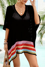 Color Block V Neck Slit Hollow Short Sleeved Knitted Cover Up