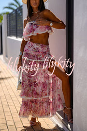 Dakota Floral Lace Trim Crop Tube Top and Layered Slit Maxi Skirt Set