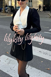 Elegance in Classic Contrast Color Metal Buckle Lapel Blazer Mini Dress