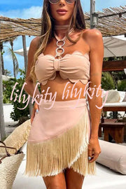 Solid Color Halter Neck Tassel Skirt Stretch Two-piece Bikini Swimsuit