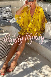 Lemon Flavor Tie Dye Ruffle Batwing Sleeve Elastic Waist Kaftan Mini Dress