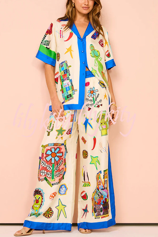 Vibrant Beach Satin Unique Print Colorblock Trim Button Down Oversized Blouse