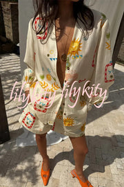 Funny Vacation Unique Printed Long Sleeve Shirt and Elastic Waist Pocket Loose Shorts Set