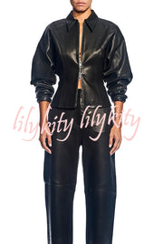 Pop of Brown Faux Leather Double Zipper Detail Balloon Sleeve Lapel Jacket