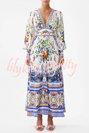 Fairy Tale Print V-Neck Lantern Sleeve Waist Maxi Dress