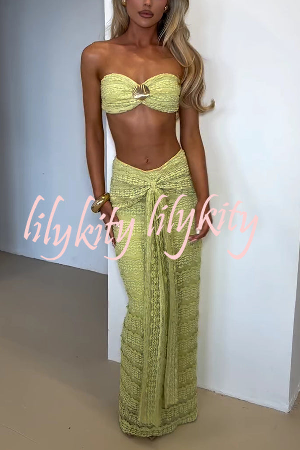 Fashion Metal Shell Embellished Sexy Bandeau and Elastic Tie Maxi Skirt Set