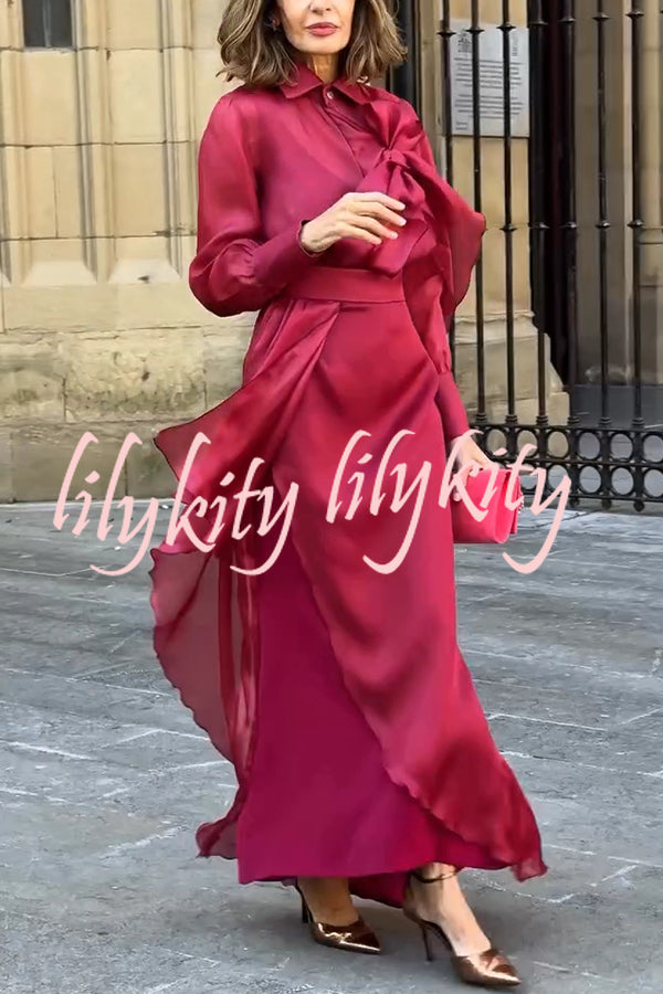 Lily Chiffon Bow Detail Puff Sleeve Blouse and Elegant Layered Maxi Skirt Set