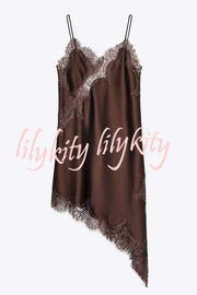 Elouise Satin Lace Trim V-neck Asymmetrical Hem Slip Mini Dress