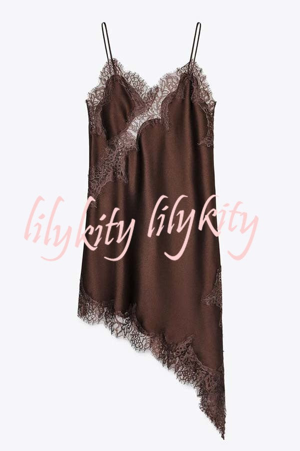 Elouise Satin Lace Trim V-neck Asymmetrical Hem Slip Mini Dress