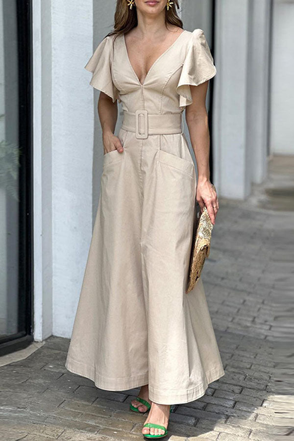 Solid Ruffle Sleeve V Neck High Waist Pocket Maxi Dress