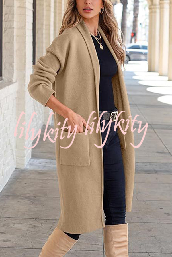 Solid Color Long-sleeved Casual Loose Pocket Mid-length Cardigan