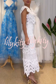 Elouise Wave Dot Embroidery Lace Back Tie-up Top and Elastic Waist Maxi Skirt Set